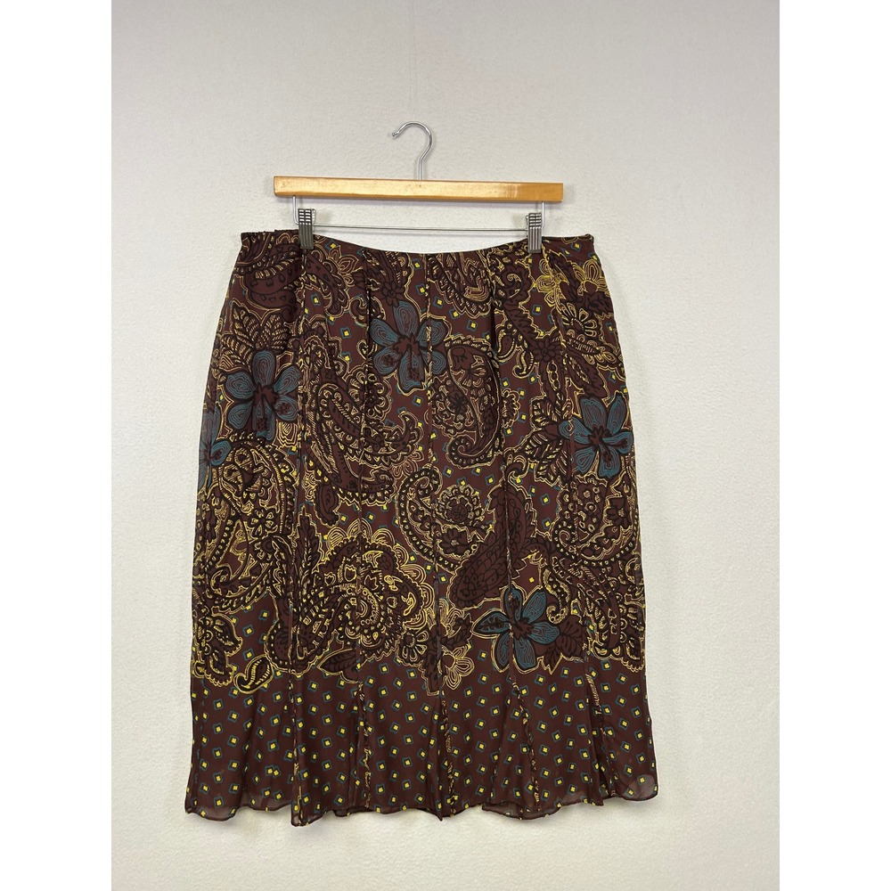 Boho Silk Jones New York Woman 16W 100% Silk Brown‎ Paisley Floral Midi Skirt